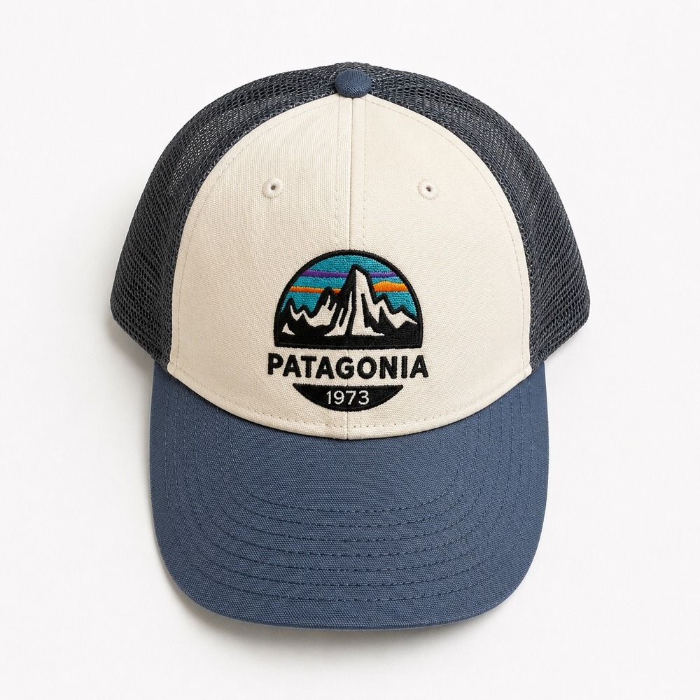 Patagonia 1973 LoPro Trucker Hat Blue Cream Mesh Snapback Mountain Patch Cap